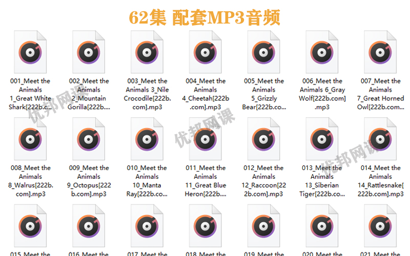 《Meet the Animals》全62集动画MP4+配套音频MP3+故事书PDF